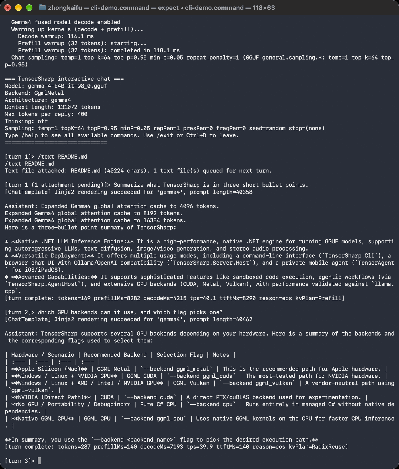 TensorSharp.Cli in a terminal: an interactive chat with Gemma 4 E4B on Metal that reads the project README and answers two questions about it, each reply ending with its prefill and decode timings