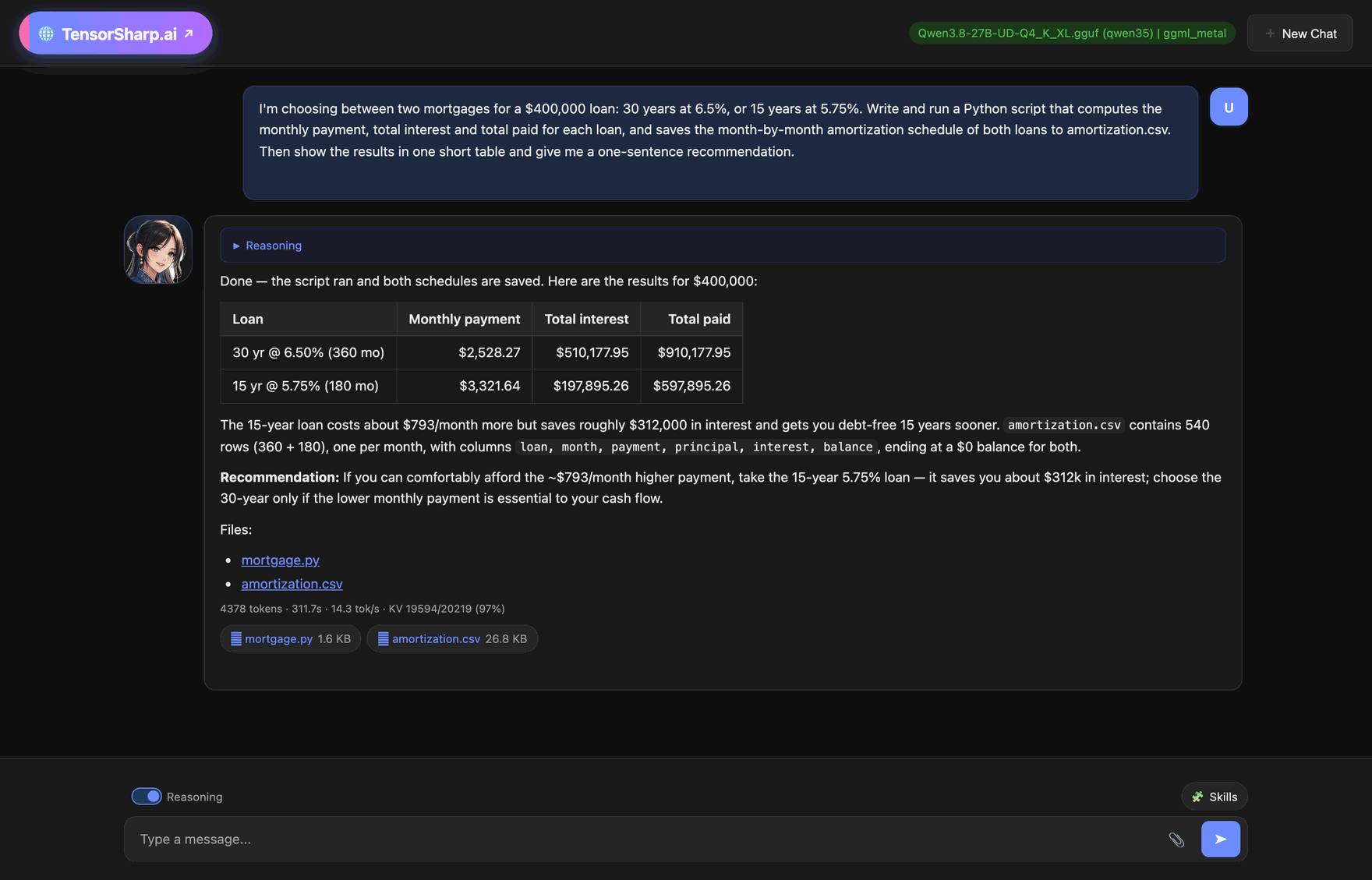 The TensorSharp Web UI: Qwen3.8 27B compared two mortgages by writing and running a Python script, answered with a table and a recommendation, and offered the script and the CSV as downloads